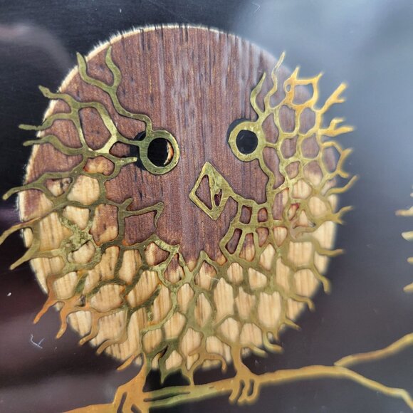 Couroc Puffy Owls on Branch Rectangular Tray Hand Inlaid Wood Spikey Birds - Picture 3 of 7